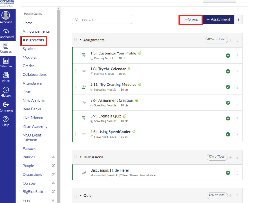 Canvas interface showing the Assignments section with an option to add a new group highlighted.